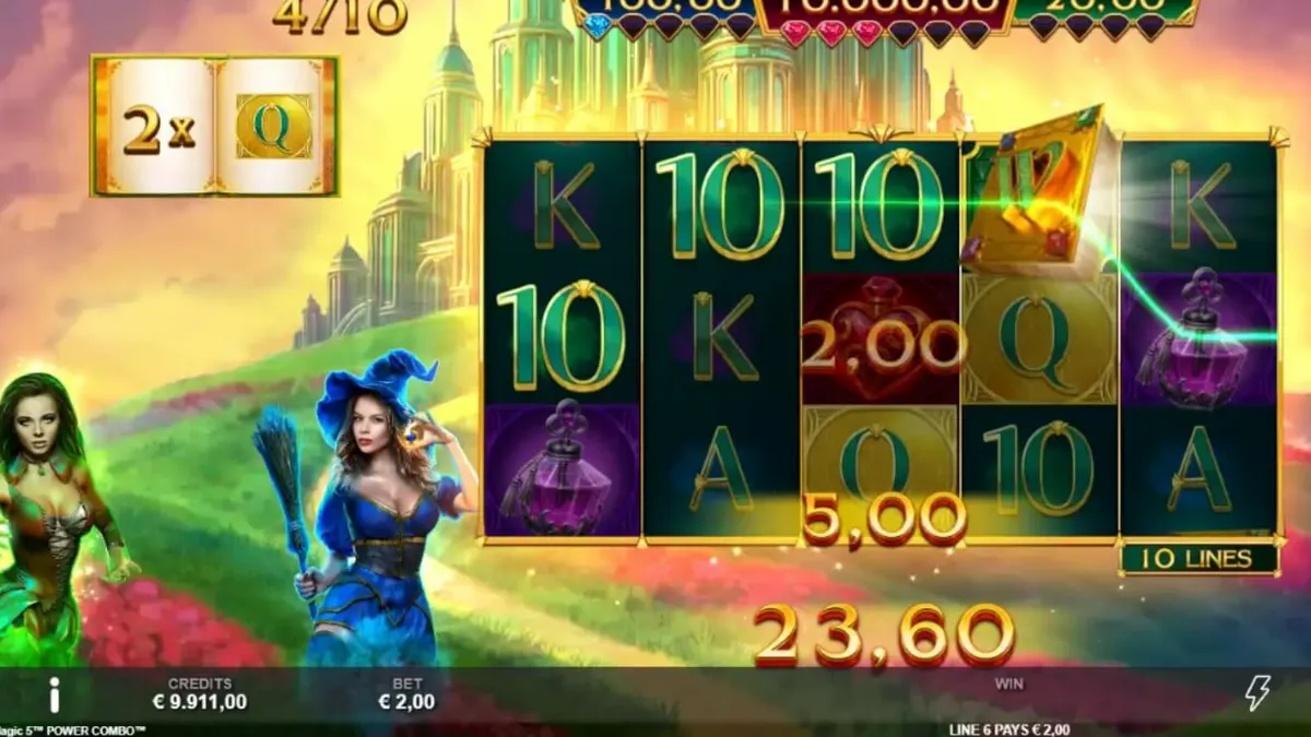 Interface do jogo Book of Oz Magic 5 Power Combo com elementos mágicos e grade de jogo