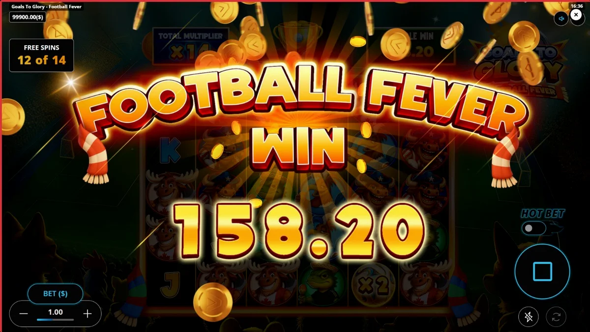 Interface vibrante do slot Goals to Glory Football Fever com animais jogadores