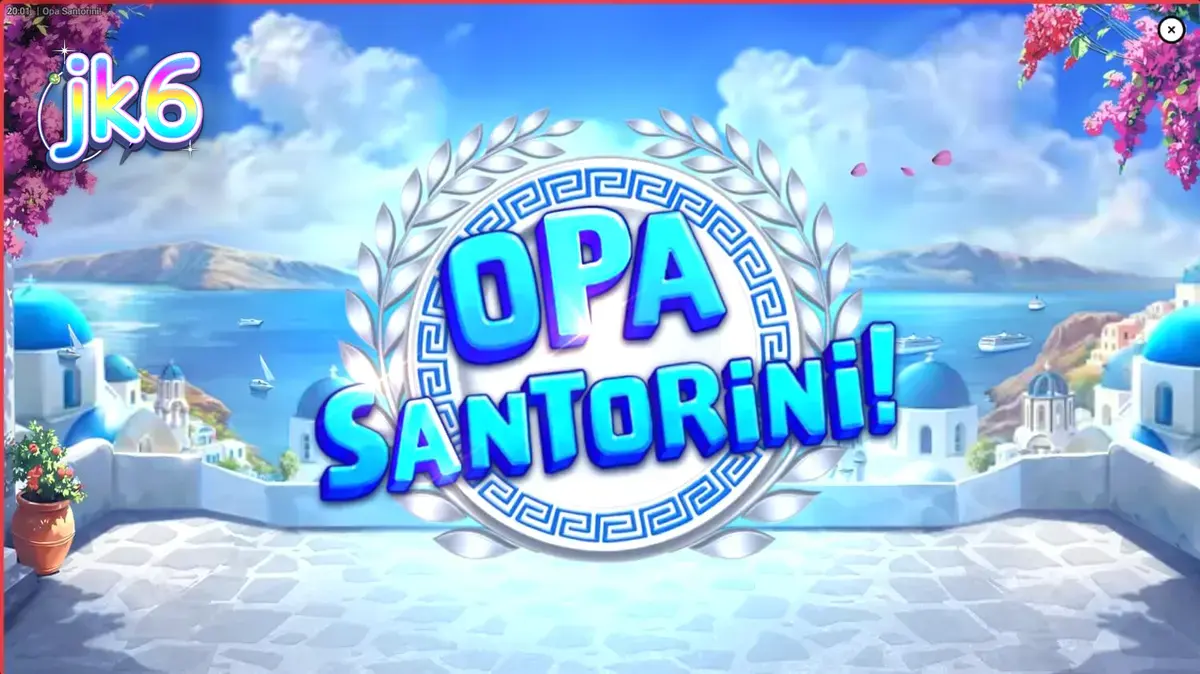 Opa Santorini slot theme featuring white buildings and blue domes